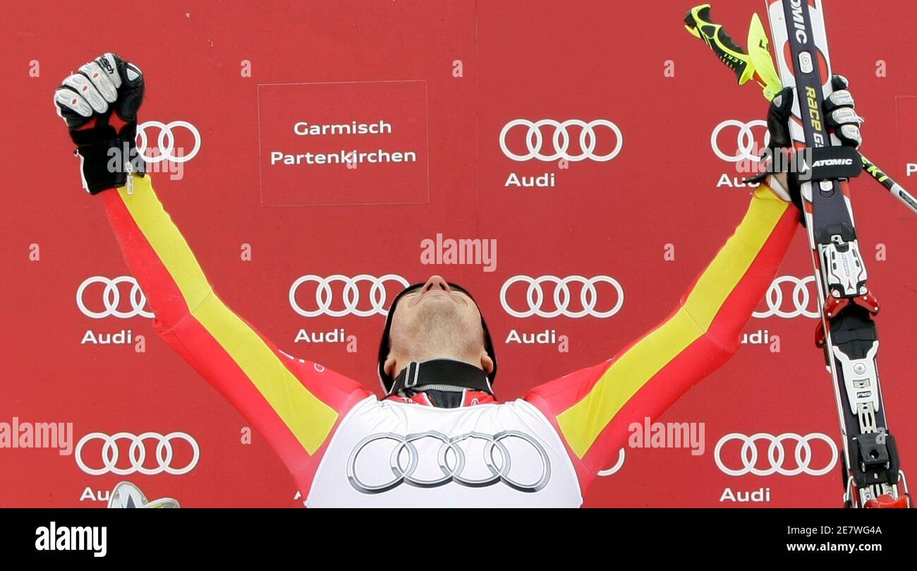 Germany's Felix Neureuther reacts at the podium after the men's Alpine Skiing World Cup Slalom in Garmisch-Partenkirchen March 13, 2010. REUTERS/Michaela Rehle (GERMANY SPORT SKIING) Stock Photo