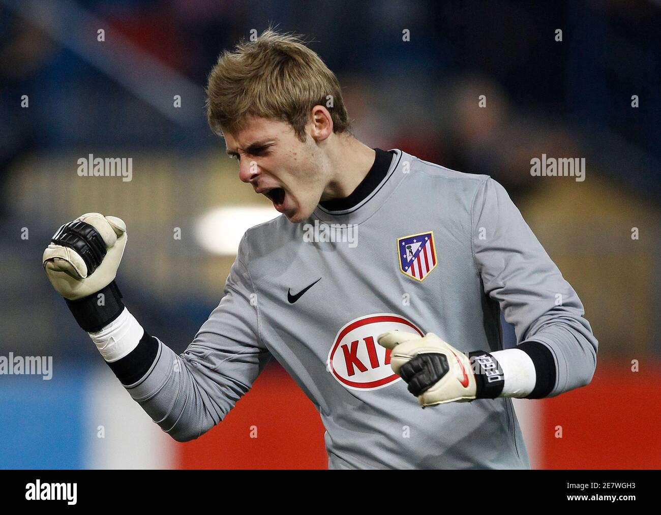 Atletico Madrid S Goalkeeper David De Gea Celebrates Kun Aguero S Goal Against Valencia During Their Spanish First Division Soccer Match At Madrid S Vicente Calderon Stadium February 28 2010 Reuters Andrea Comas Spain Tags