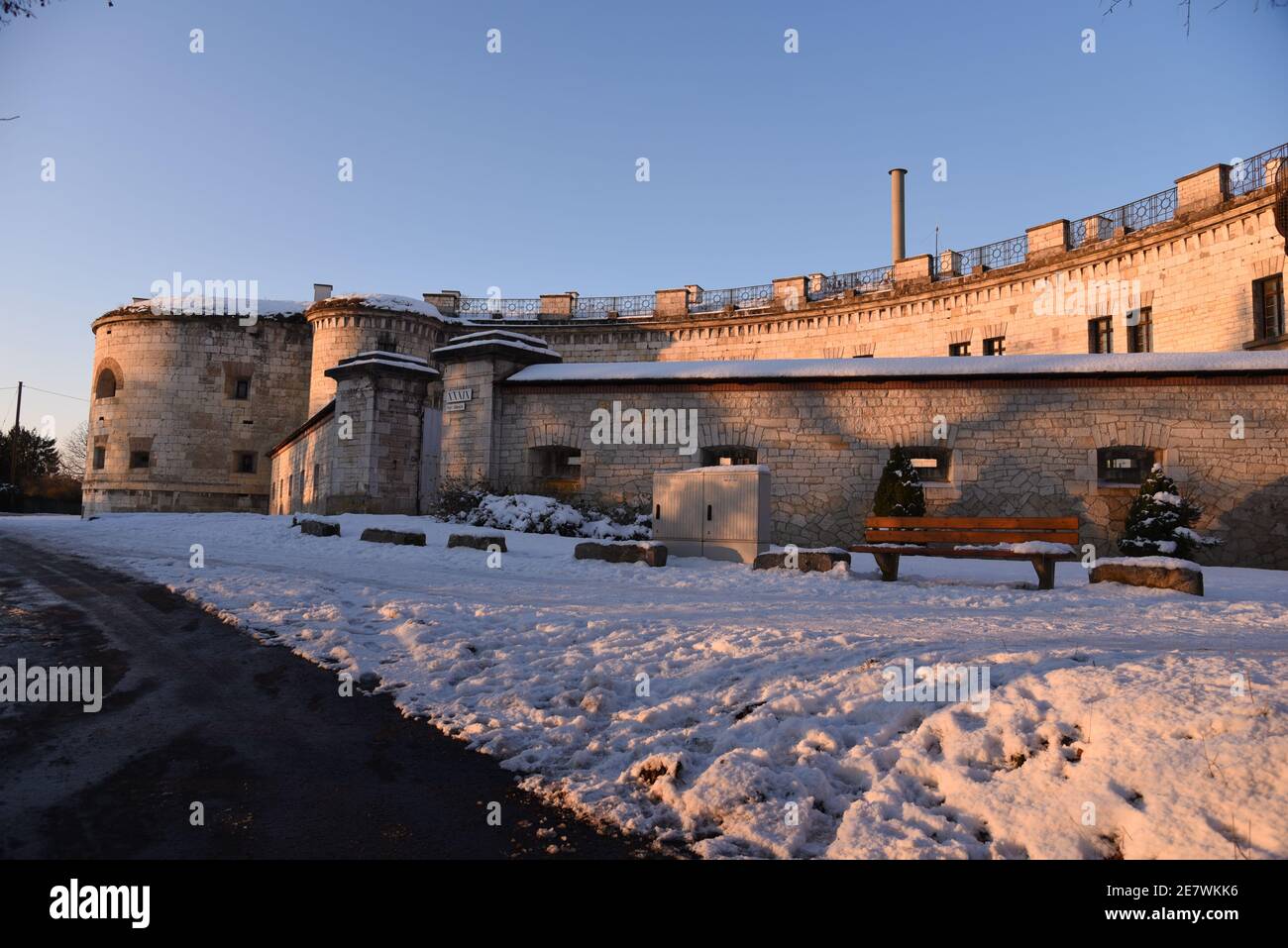 Fort Albeck during the golden hour surrounded by snow Stock Photo