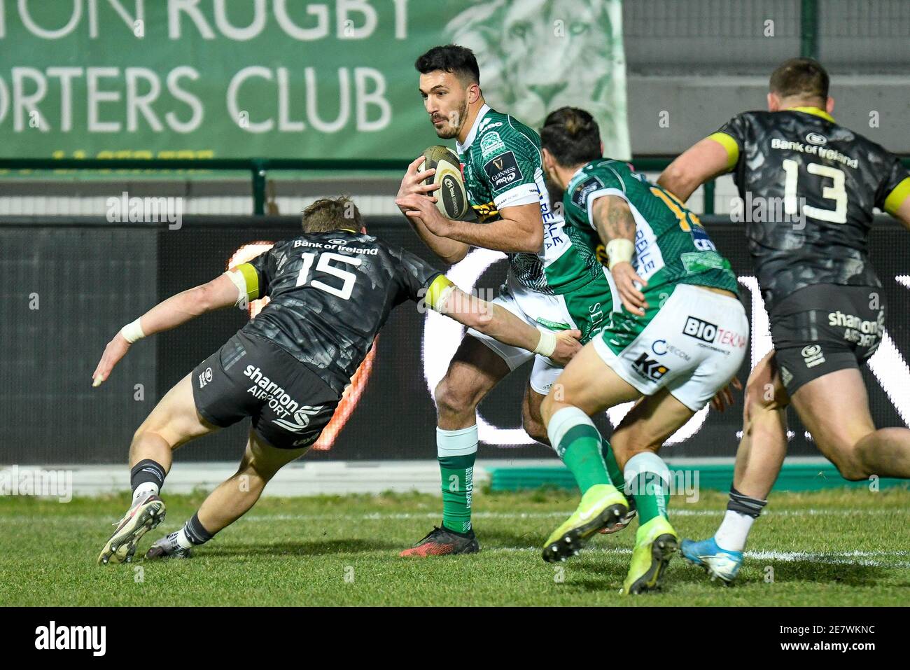 Treviso, Italy. 30th Jan, 2021. Leonardo Sarto (Benetton Treviso) runs to  score a try tackled by Mike Haley (Munster) during Benetton Treviso vs  Munster Rugby, Rugby Guinness Pro 14 match in Treviso,