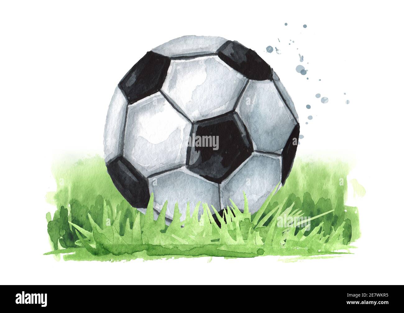 Football soccer Ball on the green grass. Hand drawn watercolor