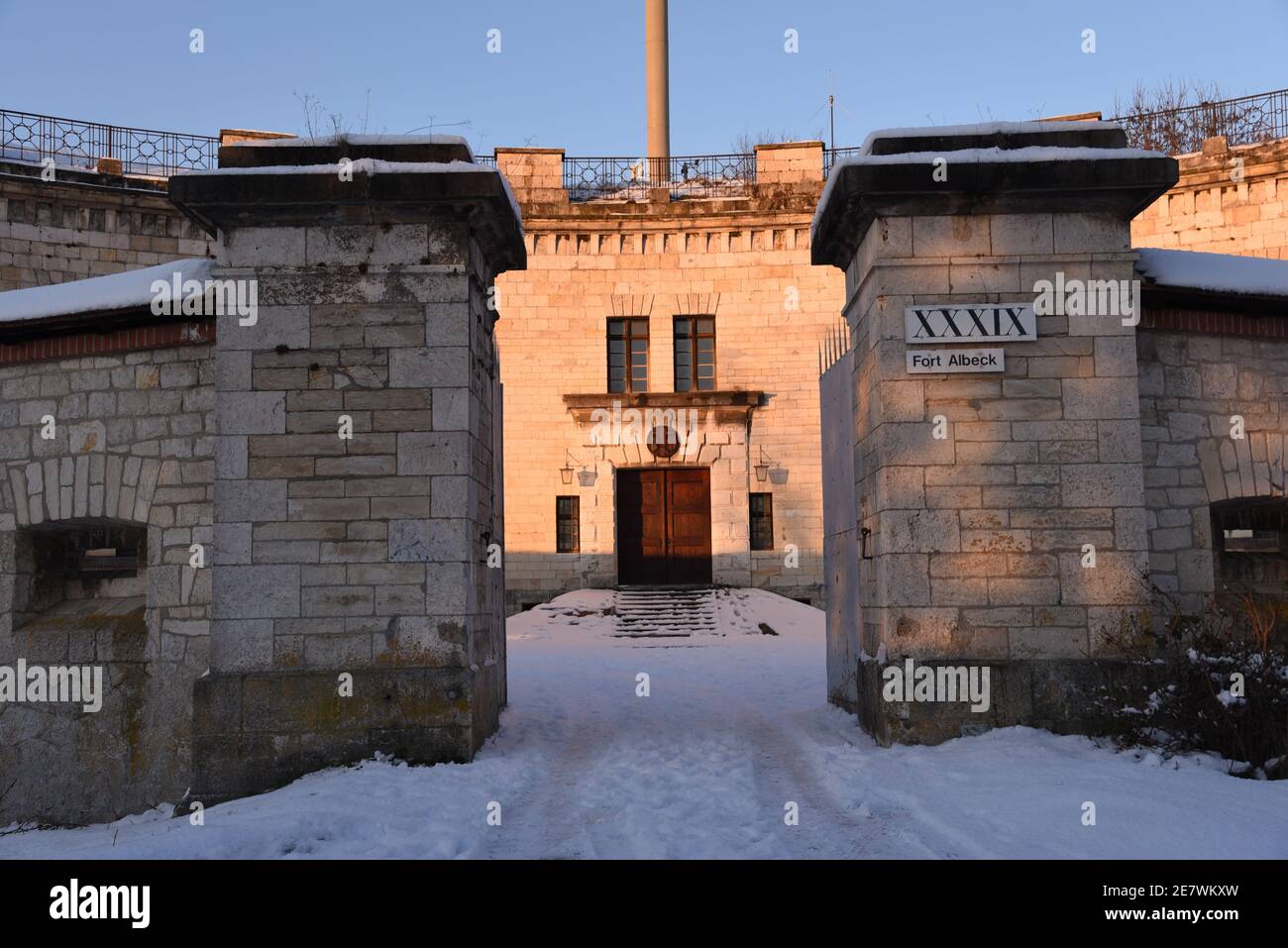 Fort Albeck during the golden hour surrounded by snow Stock Photo