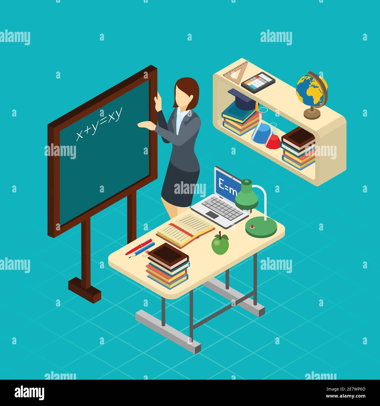 Science teacher writes formula on the blackboard in classroom isometric composition banner abstract vector illustration Stock Vector