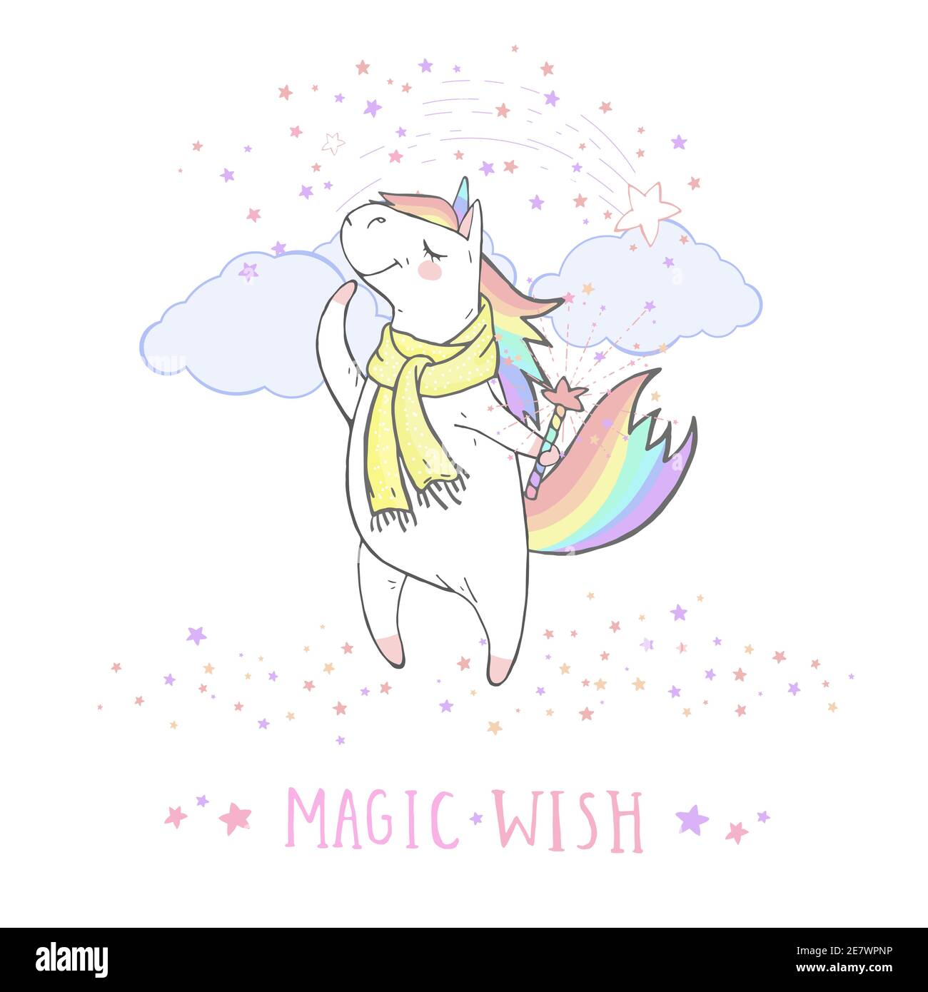 Vector illustration of hand drawn cute unicorn in scarf with magic wand ...