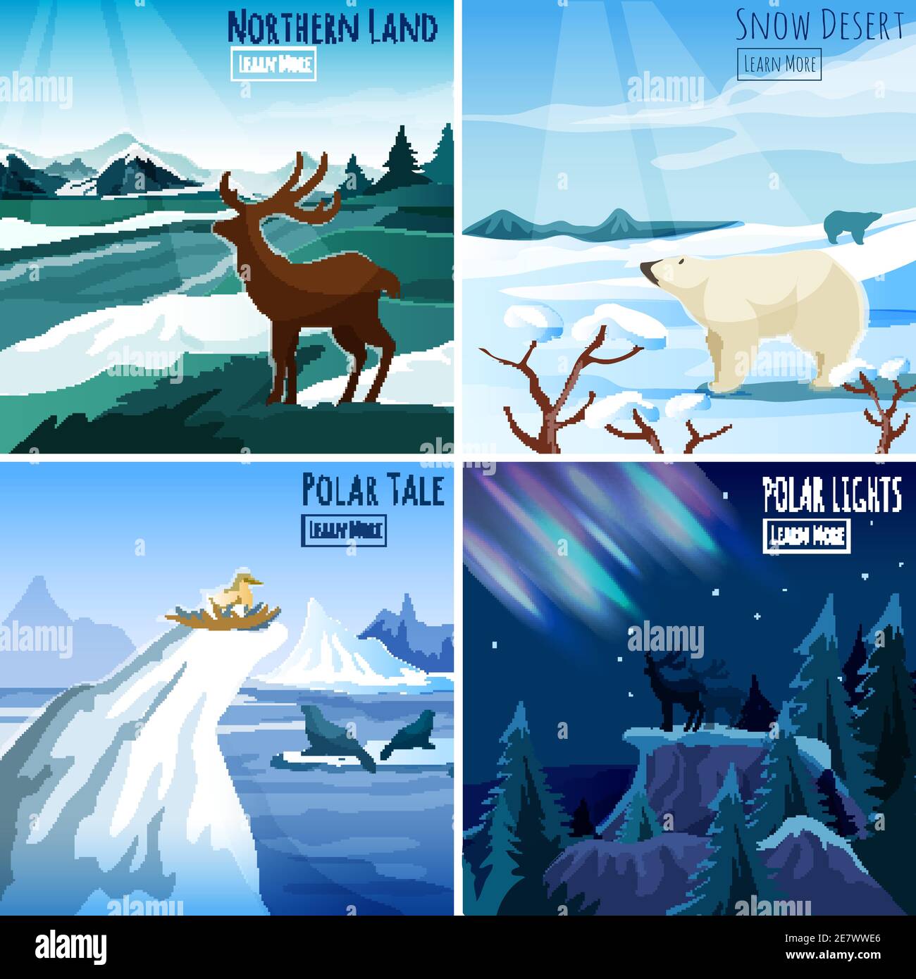 Northern landscape 4 flat icons square composition for interactive ...