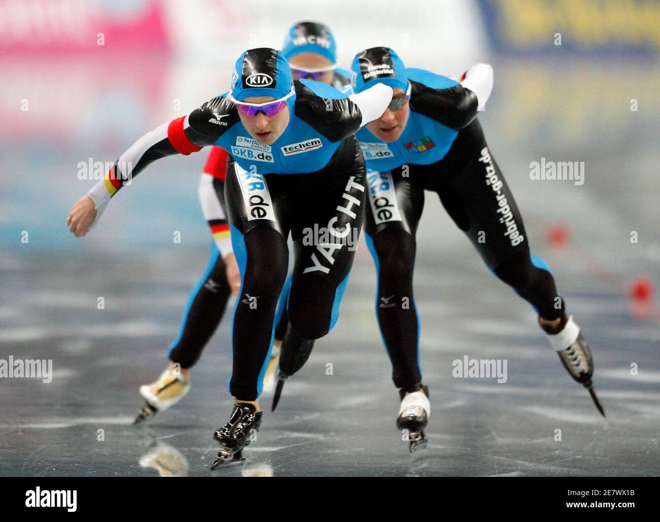 The Germany team skate to win the women's team pursuit event at ISU World Single Distance Speed