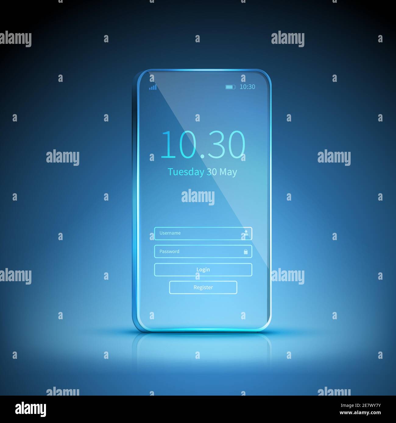 Blue transparent smartphone image swiched on and waiting for registration on blue background vector illustration Stock Vector