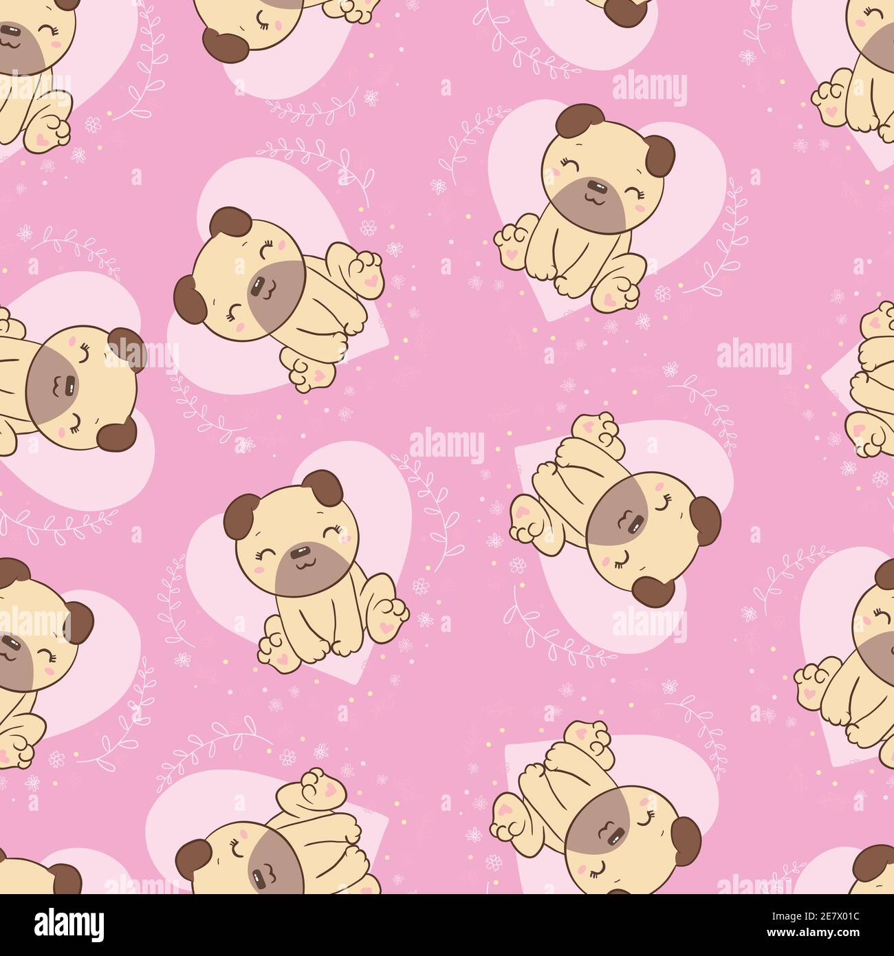 Vector illustration. Seamless vector pattern with pugs. Stock Vector
