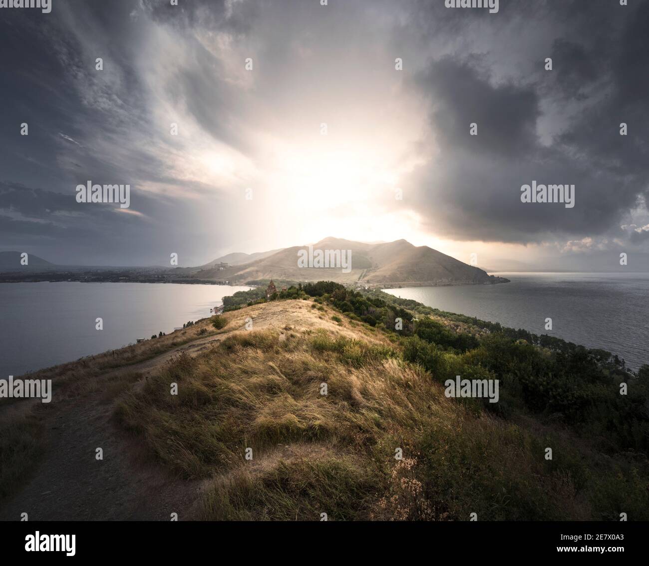 Dramatic Skies at Sunset over Lake Sevan, Armenia Stock Photo