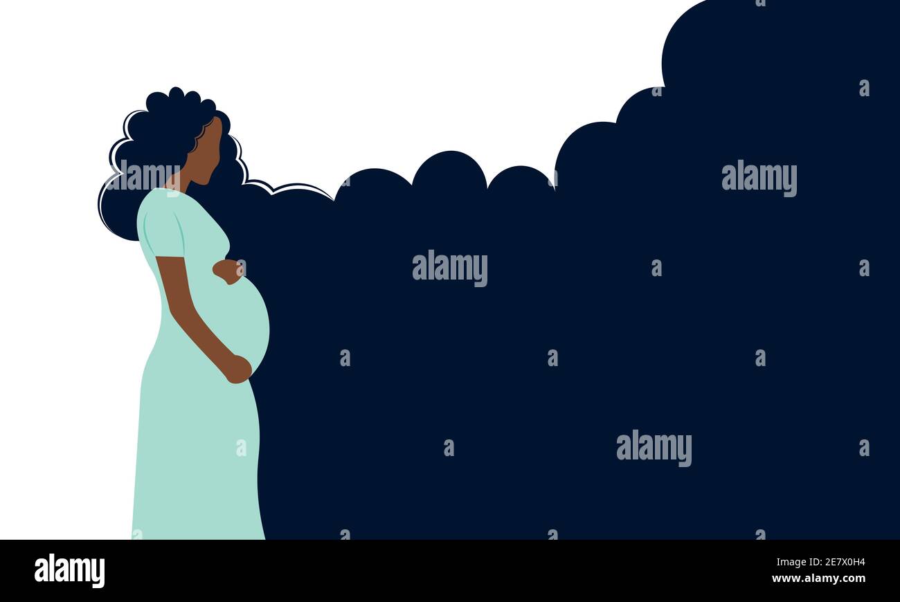 Banner about pregnancy and motherhood. Beautiful young pregnant black woman with curly hair. Stock Vector