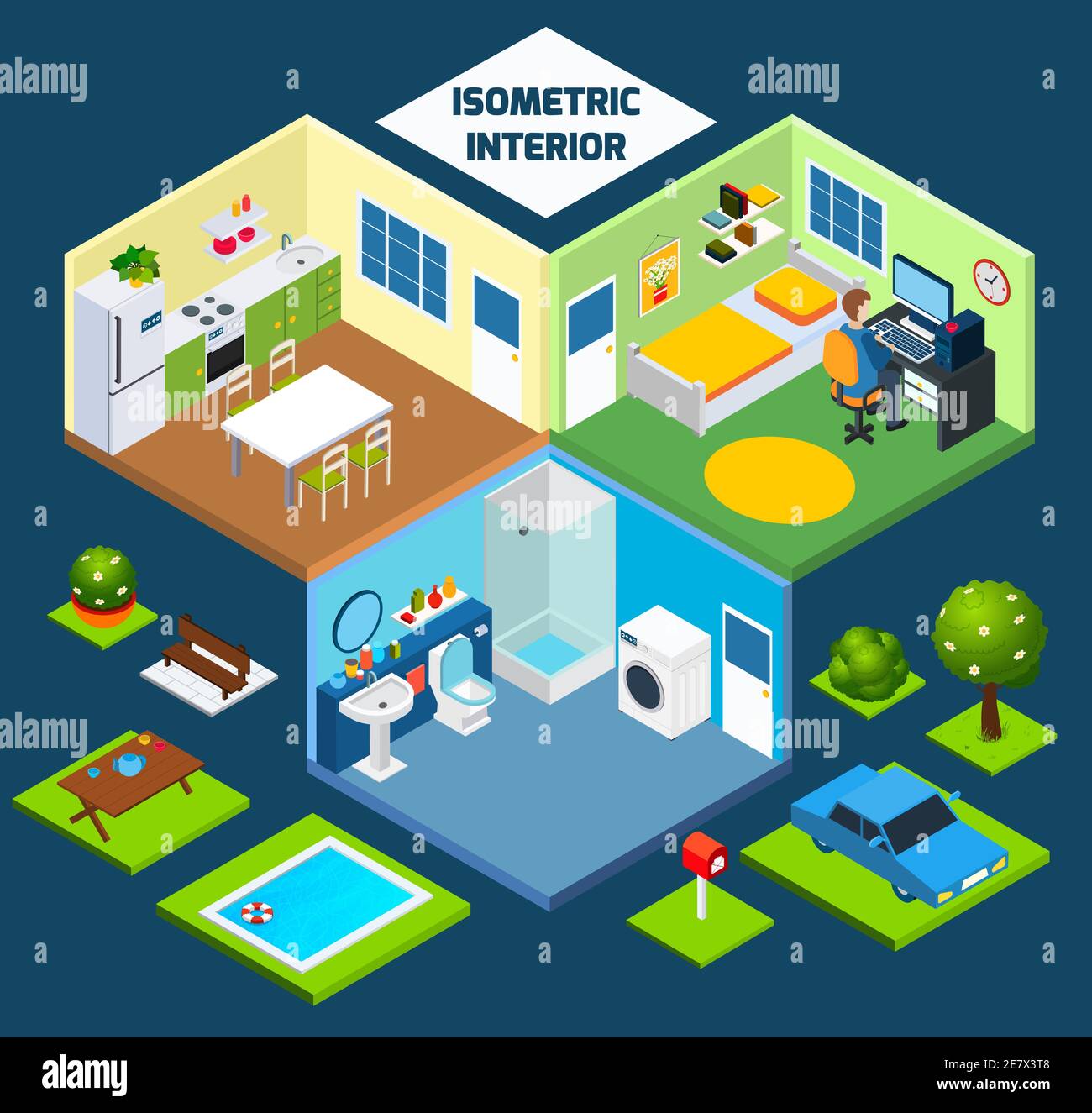 Isometric interior concept with indoor furniture and outdoor elements ...