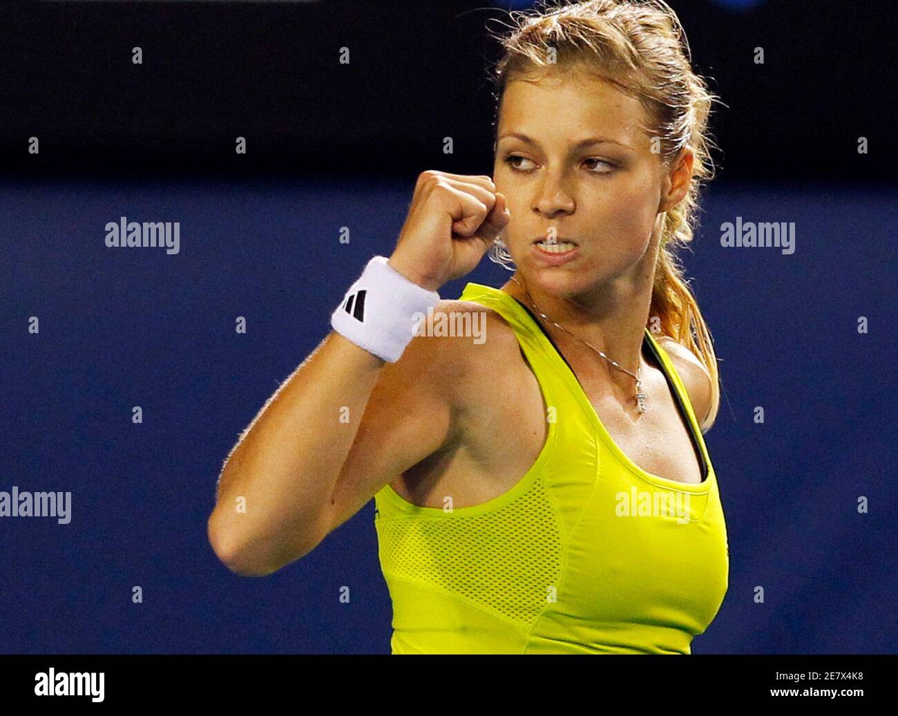 Russia's Maria Kirilenko reacts after winning the first set against  compatriot Maria Sharapova during the Australian Open tennis tournament in  Melbourne January 18, 2010. REUTERS/Tim Wimborne (AUSTRALIA - Tags: SPORT  TENNIS Stock