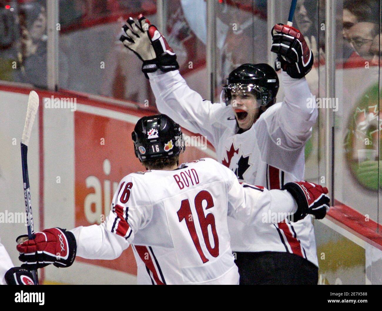 Canada S Blake Comeau R Celebrates His First Period Goal Against Finland With Teammate Dustin Boyd During The International Ice Hockey Federation World Junior Championship In Vancouver British Columbia December 26 05 Earlier