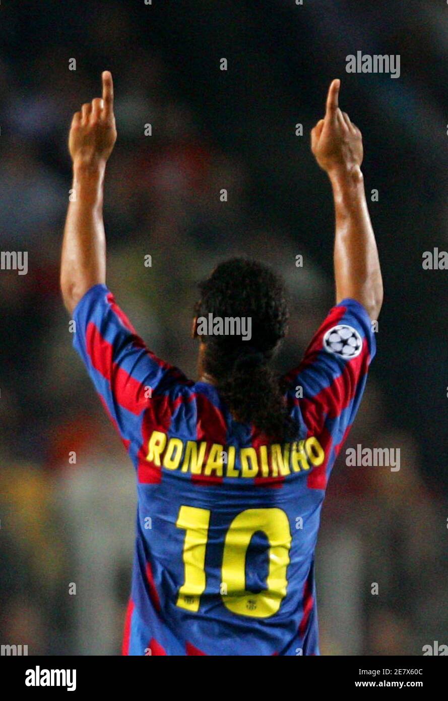 Barcelona S Brazilian Soccer Player Ronaldinho Celebrates His Second Goal During A Group C Champions League Soccer