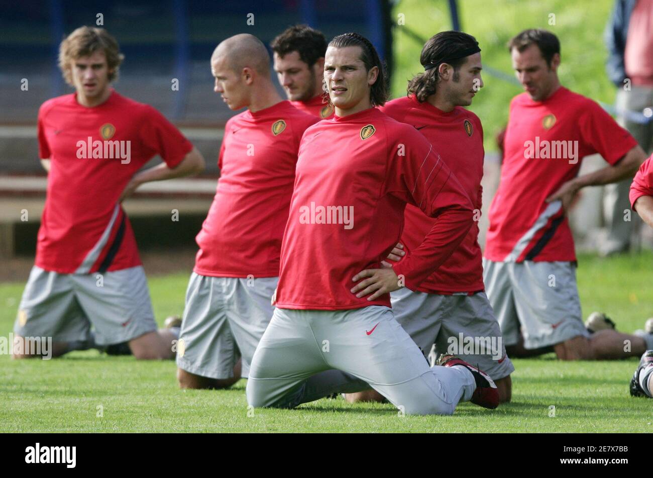 Belgium S Soccer Players From L To R Nicolas Lombaerts Stein Huysegems Jelle Van Damme Daniel Van Buyten Carl Hoefkens And Bart Goor Stretch During A Training Session In Kraainem Near Brussels August