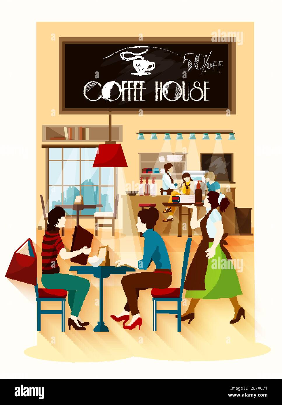 Coffee house  design concept with cafe employees behind bar waitress with tray and visitors sitting at table flat vector illustration Stock Vector