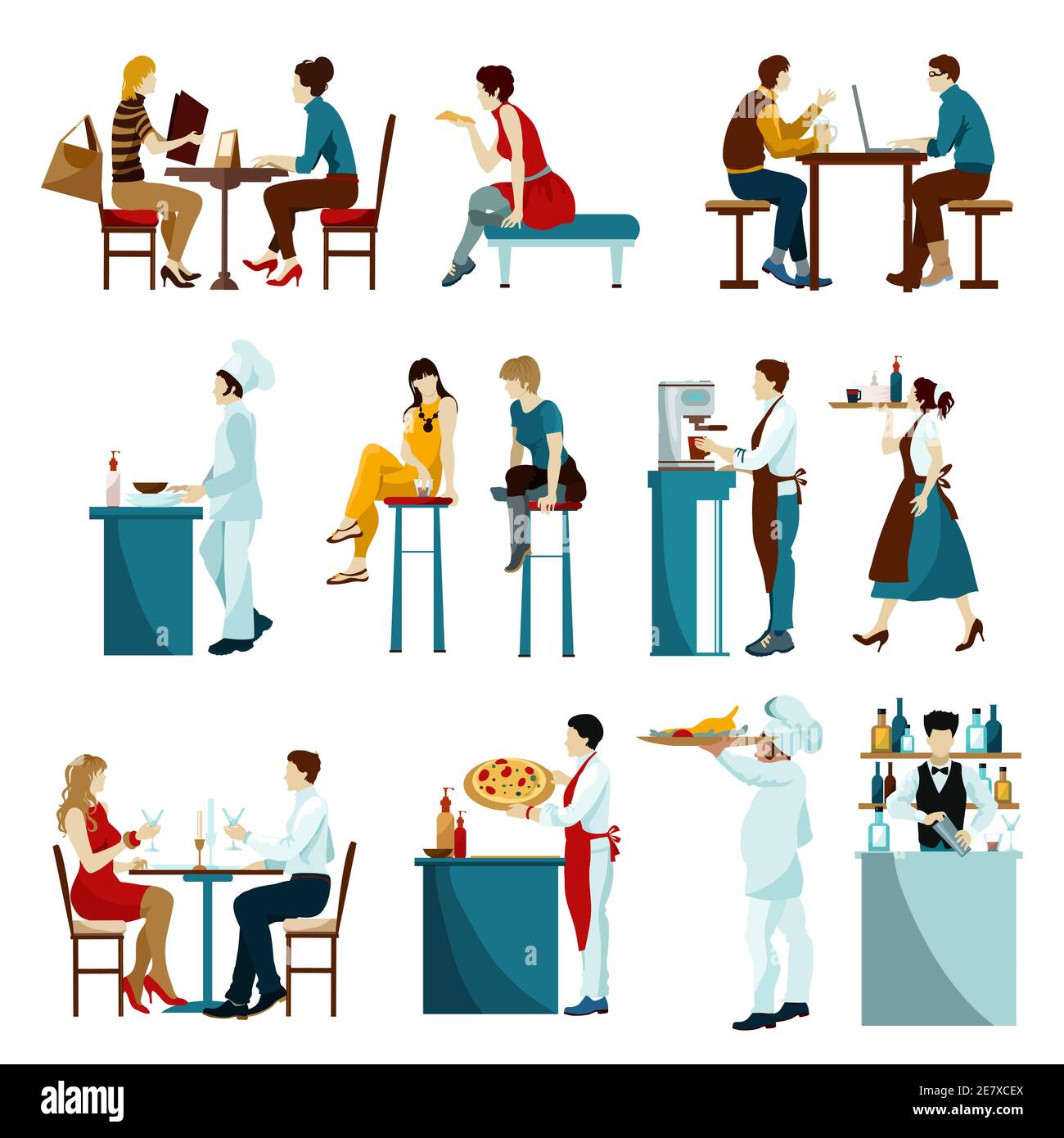 Cafe restaurant daytime visitors flat icons set with waiters serving dishes and drinks abstract isolated vector illustration Stock Vector
