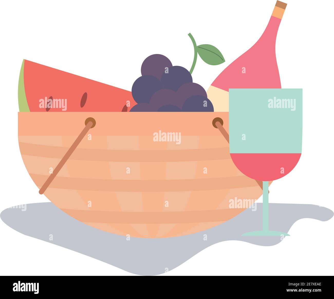 picnic basket with wine bottle glass grapes and watermelon vector ...