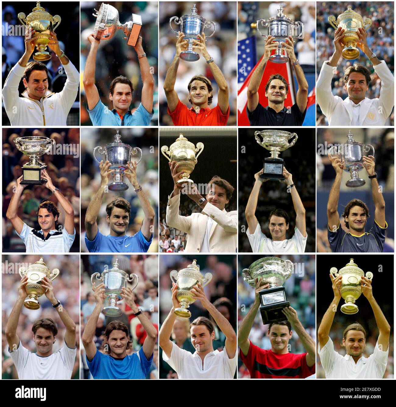 Switzerland's Roger Federer holds each of his 14 Grand Slam tennis trophies in this combination image from file photos. (From bottom R to top L) Wimbledon 2003, Australia 2004, Wimbledon 2004, U.S. 2004, Wimbledon 2005, U.S. 2005, Australia 2006, Wimbledon 2006, U.S. 2006, Australia 2007, Wimbledon 2007, U.S. 2007, U.S. 2008, French 2009.     REUTERS/Staff/Files (SPORT TENNIS IMAGES OF THE DAY) Stock Photo