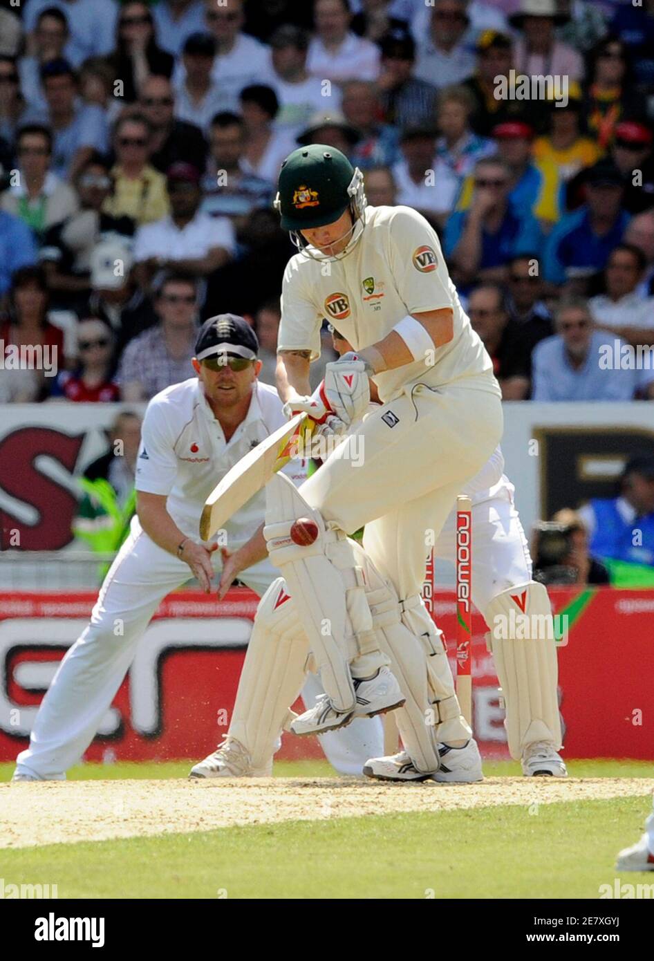 Australia's Michael Clarke plays a shot during the second day of the fourth Ashes cricket test match at Headingley in Leeds, northern England August 8, 2009. REUTERS/Nigel Roddis (BRITAIN SPORT CRICKET) Stock Photo