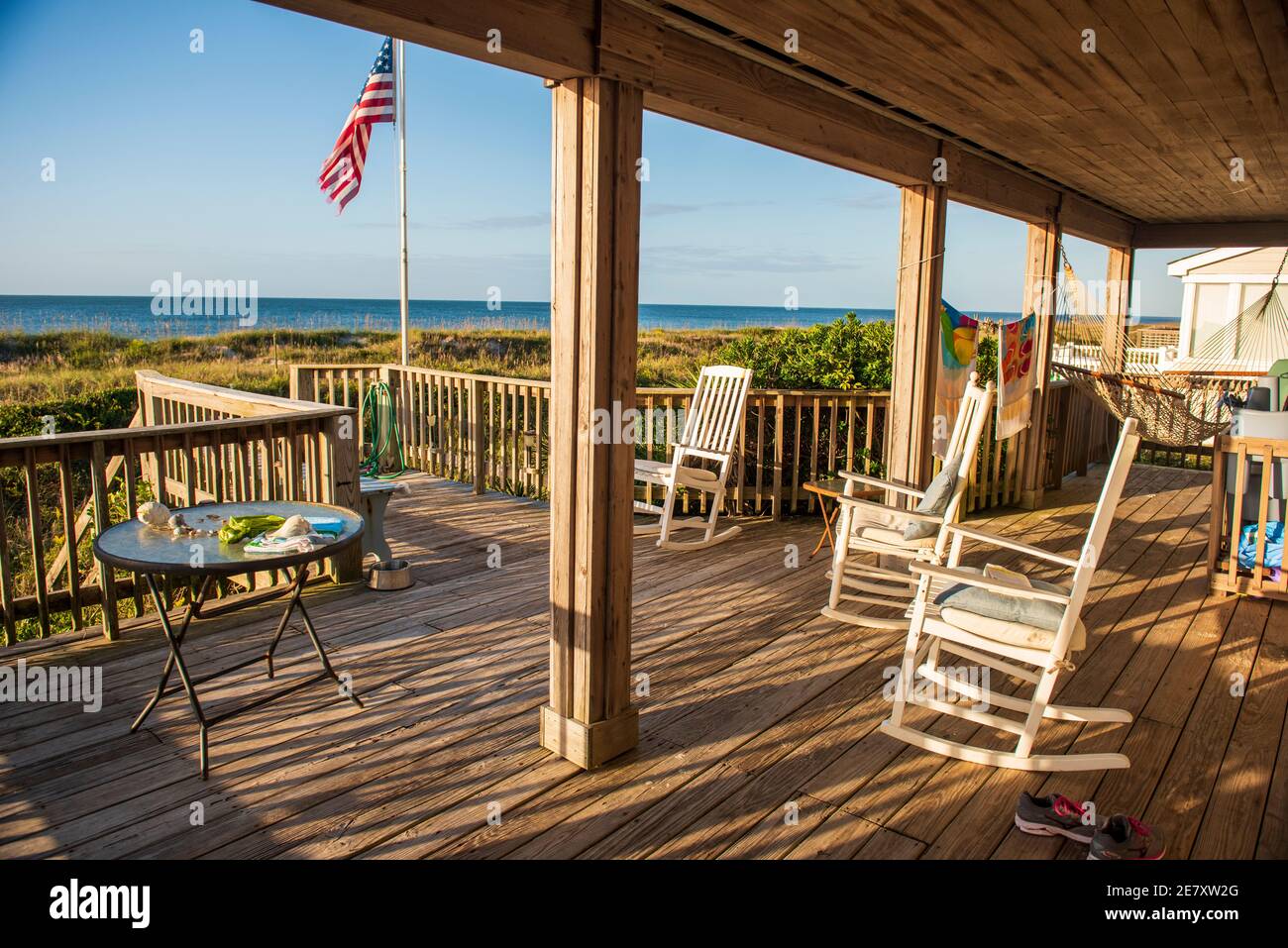The Atlantic Ocean can be seen from the deck of a vacation rental house in Atlantic Beach, North Carolina. Stock Photo