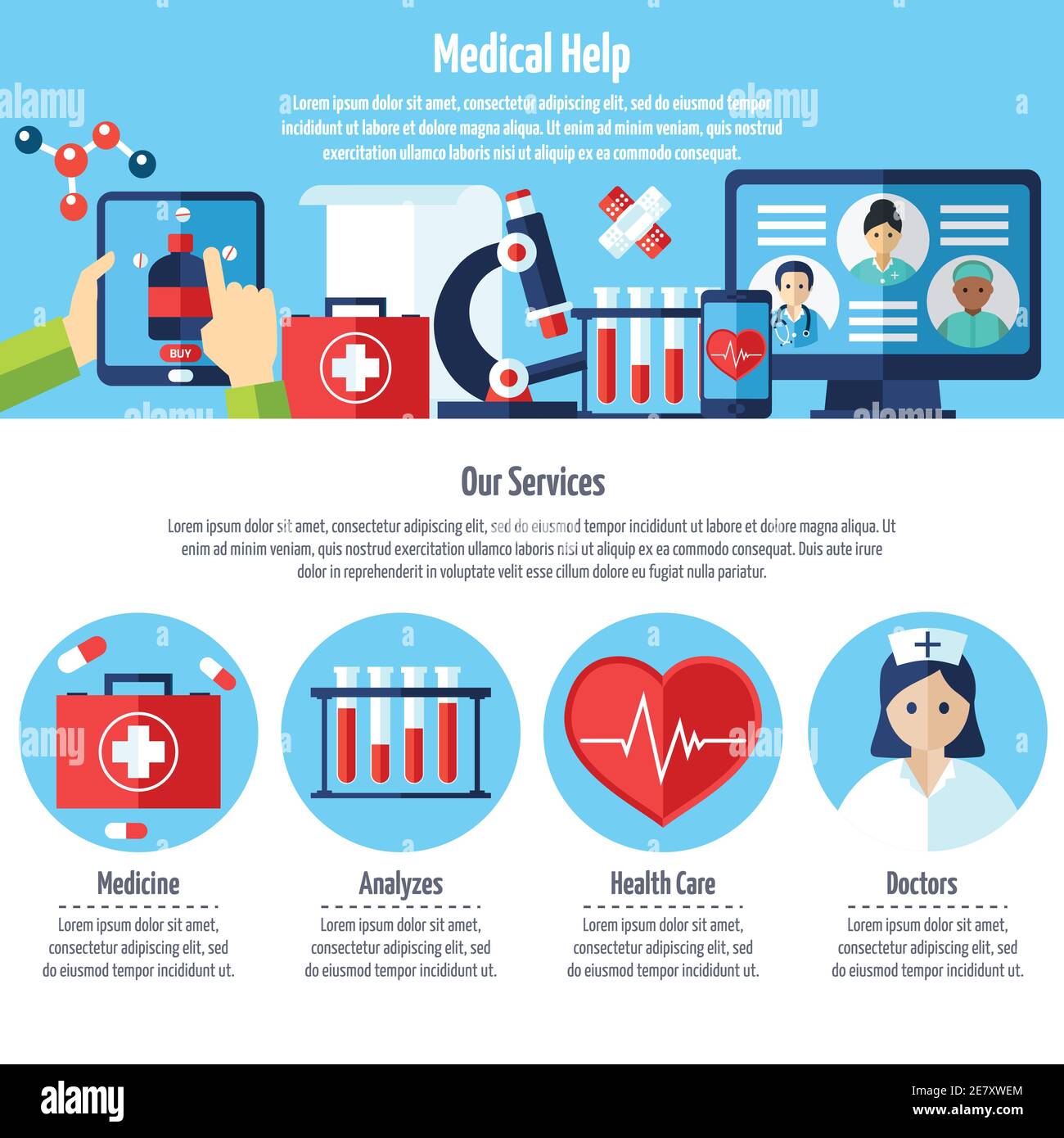 One page of medical web site with titles and color icons about medical help and services vector illustration Stock Vector