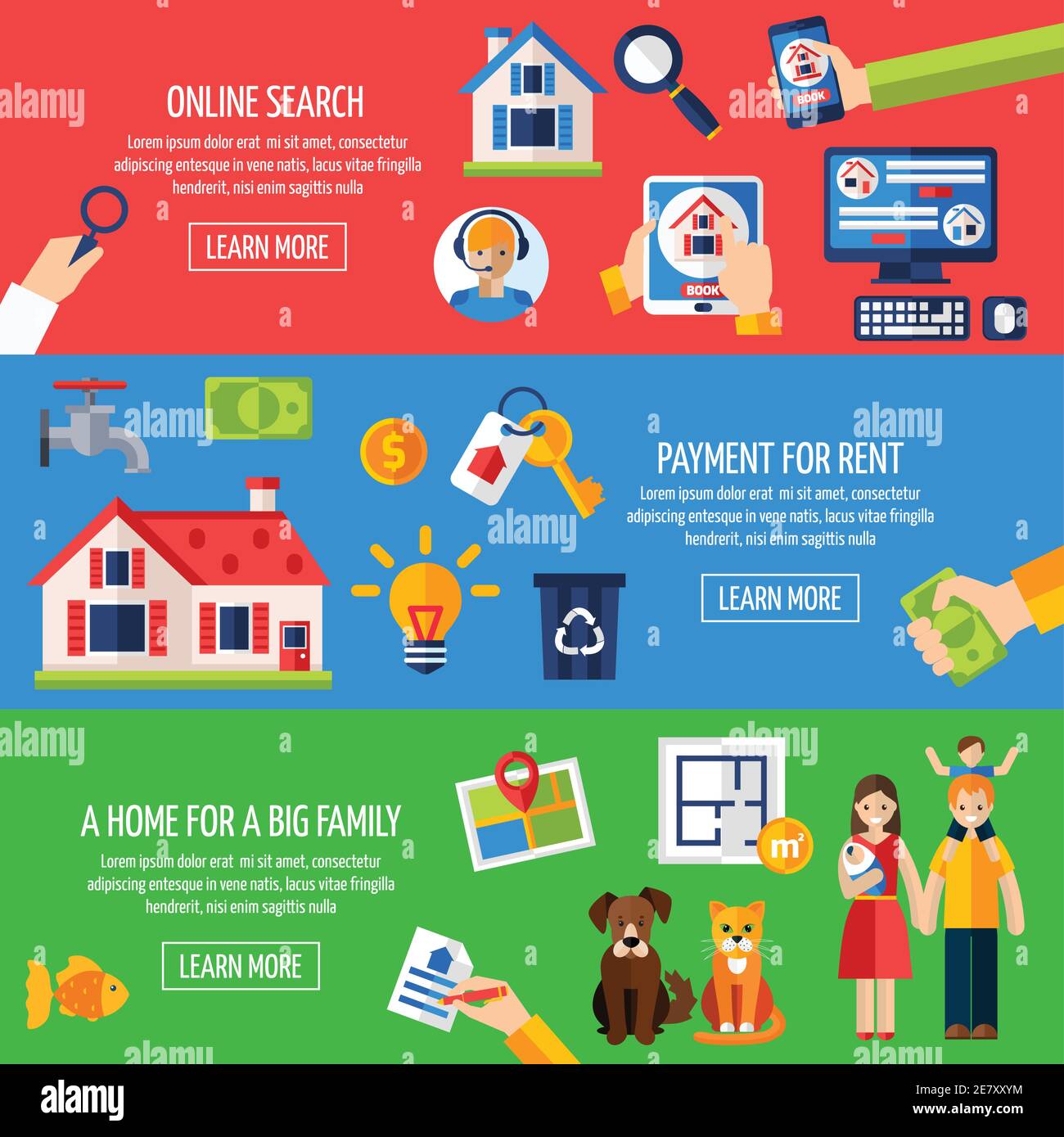 Rent and tenancy horizontal banner set with online property search flat