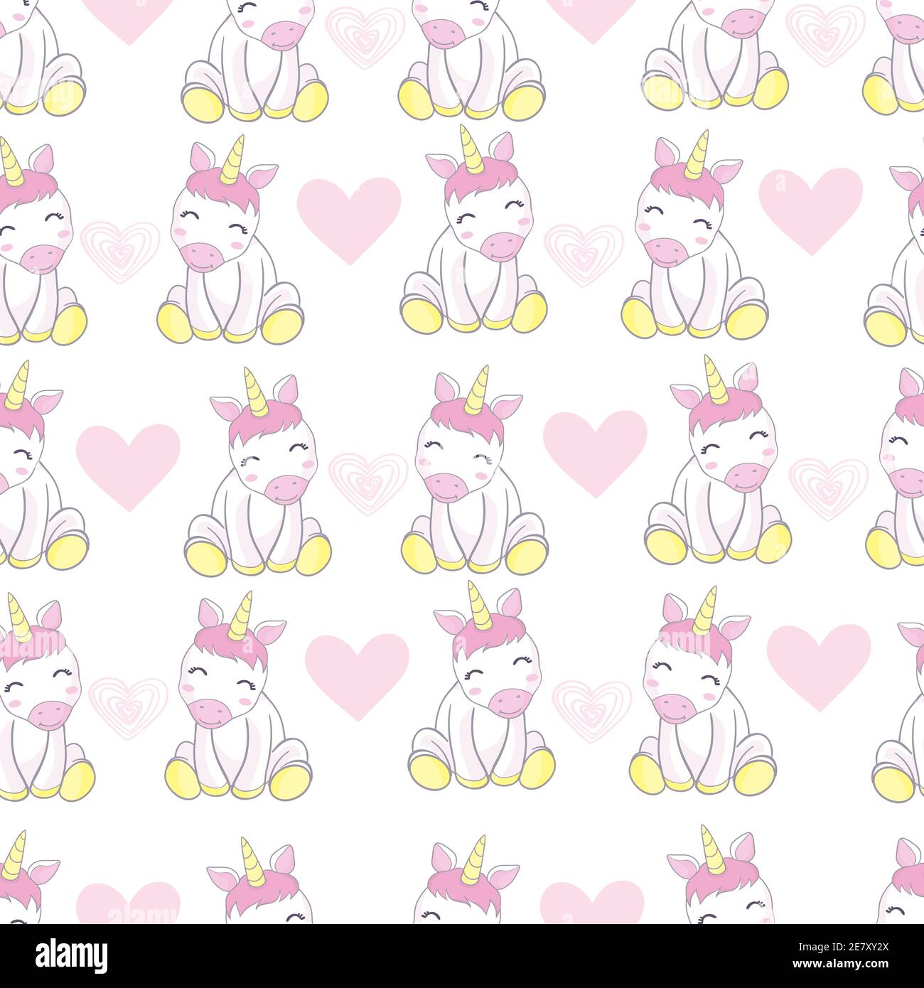 Vector pattern with cute unicorns, clouds and stars. Magic background with little unicorns. Stock Vector