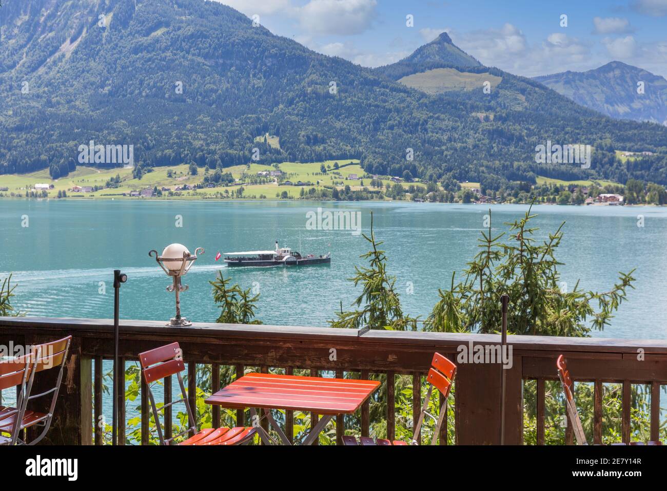 Terrace in Sankt Wolfgang with beautiful view am Austrian Wolfgangsee Stock Photo