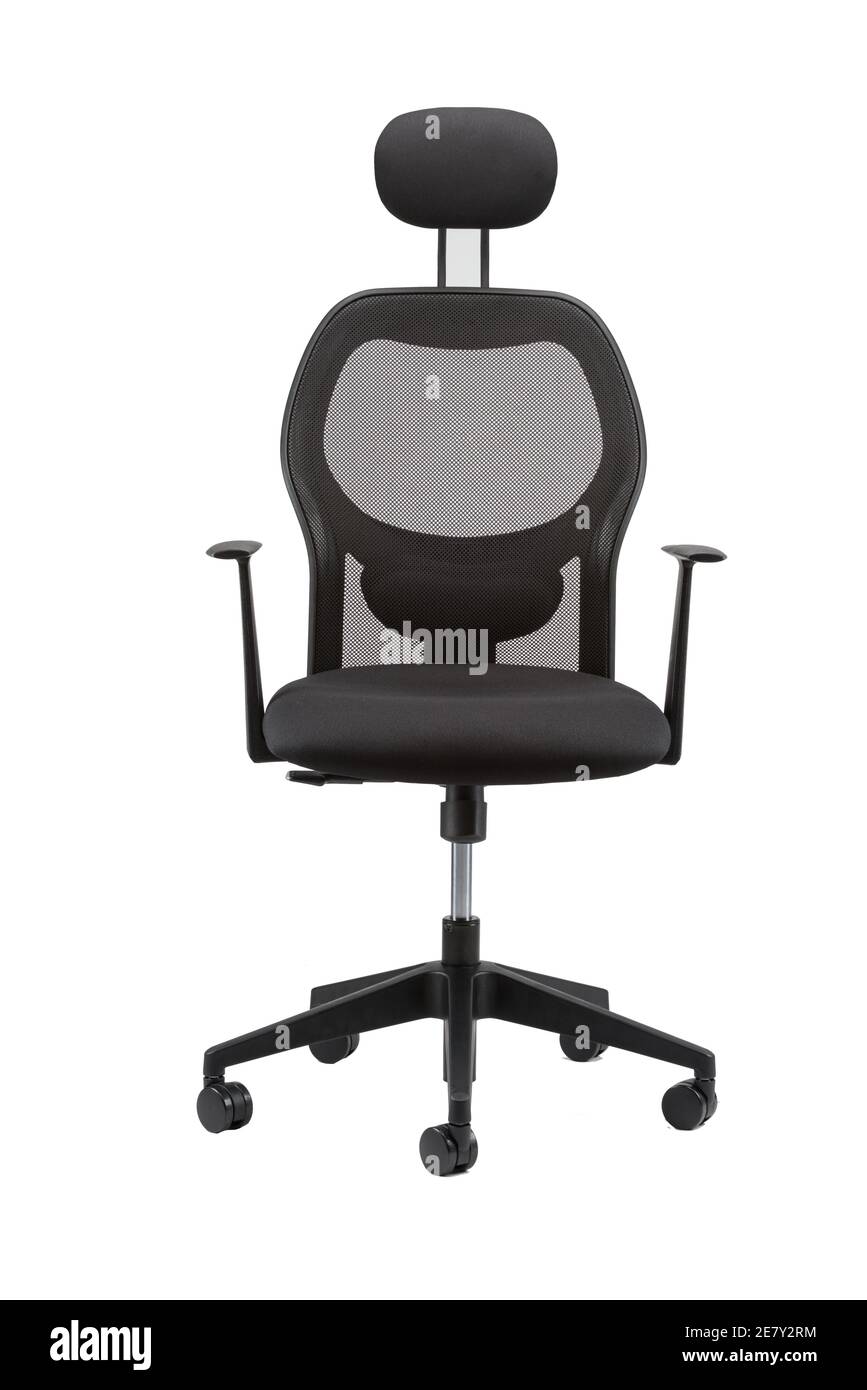 Vertical shot of an office chair with an adjustable headrest on an is Stock Photo