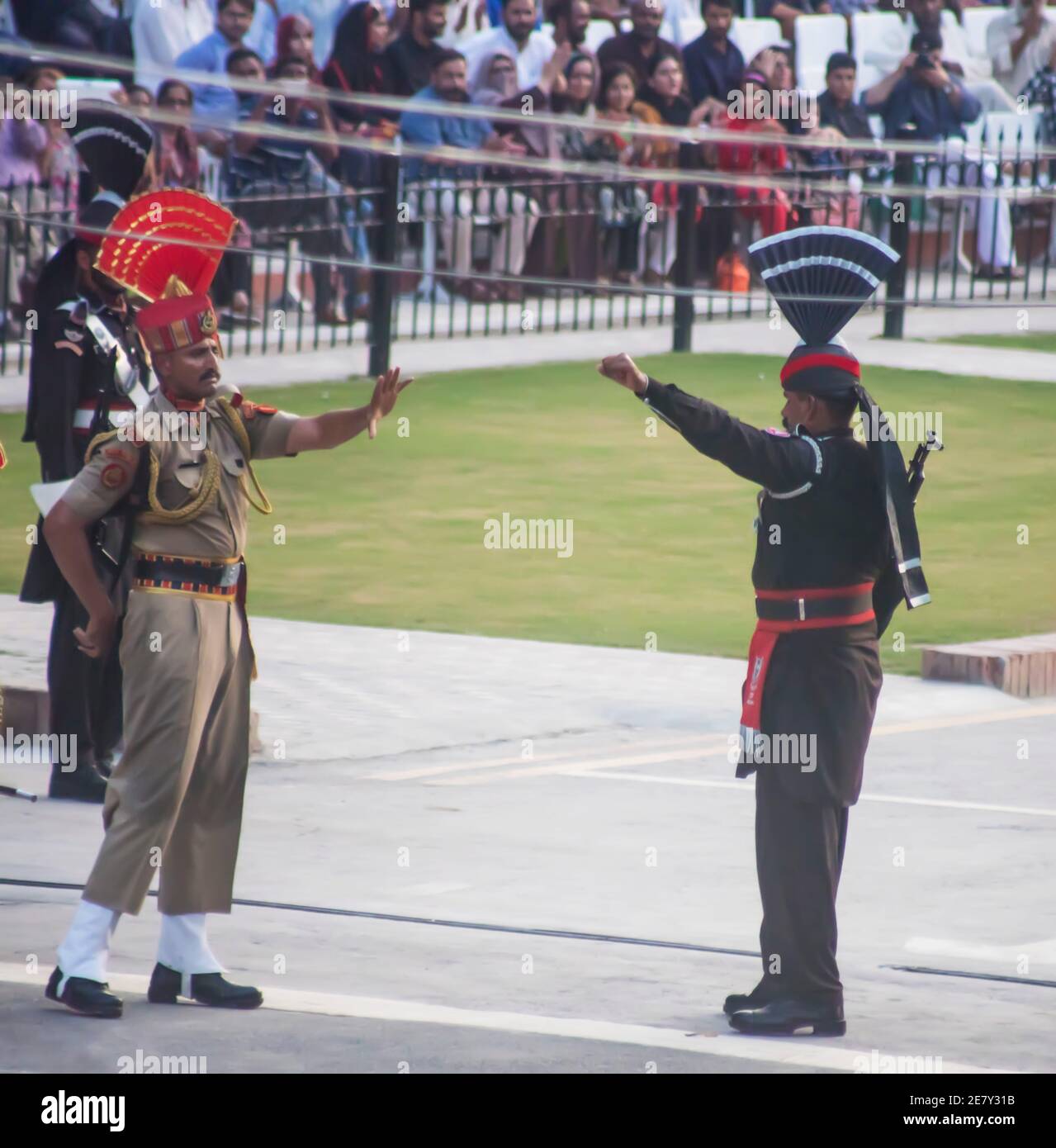 Flag Ceremony Wagah border crossing India-Pakistan Stock Photo