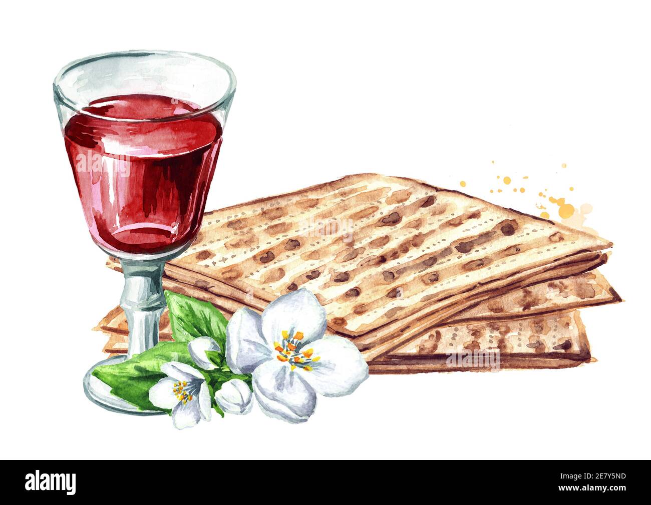 Red kosher wine in the glass, spring flower and matzah or matza