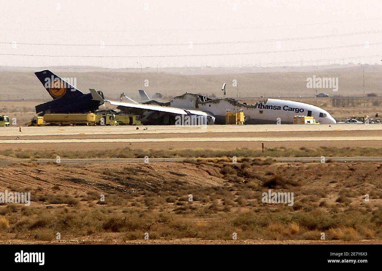 A Lufthansa cargo plane is seen after it crashed at King Khaled International Airport in Riyadh July 27, 2010. The plane crashed on Tuesday but there were no casualties, the airline and the kingdom's civil aviation authority said.  REUTERS/Fahad Shadeed   (SAUDI ARABIA - Tags: TRANSPORT DISASTER IMAGES OF THE DAY) Stock Photo