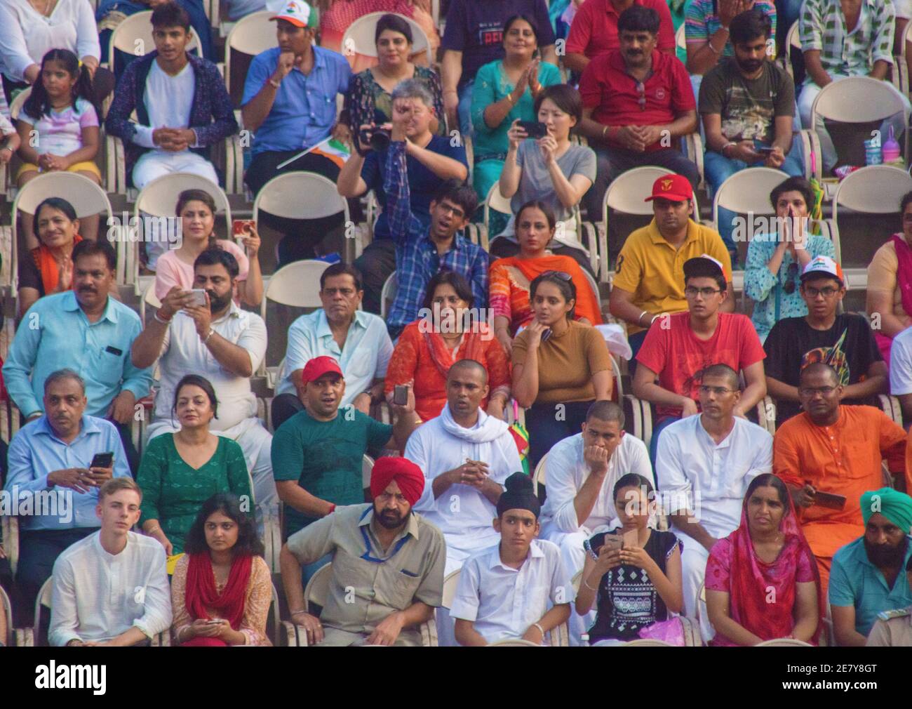 Indian spectators at Attari-Wagah Flag ceremony, Wagah, Rajasthan, India Stock Photo