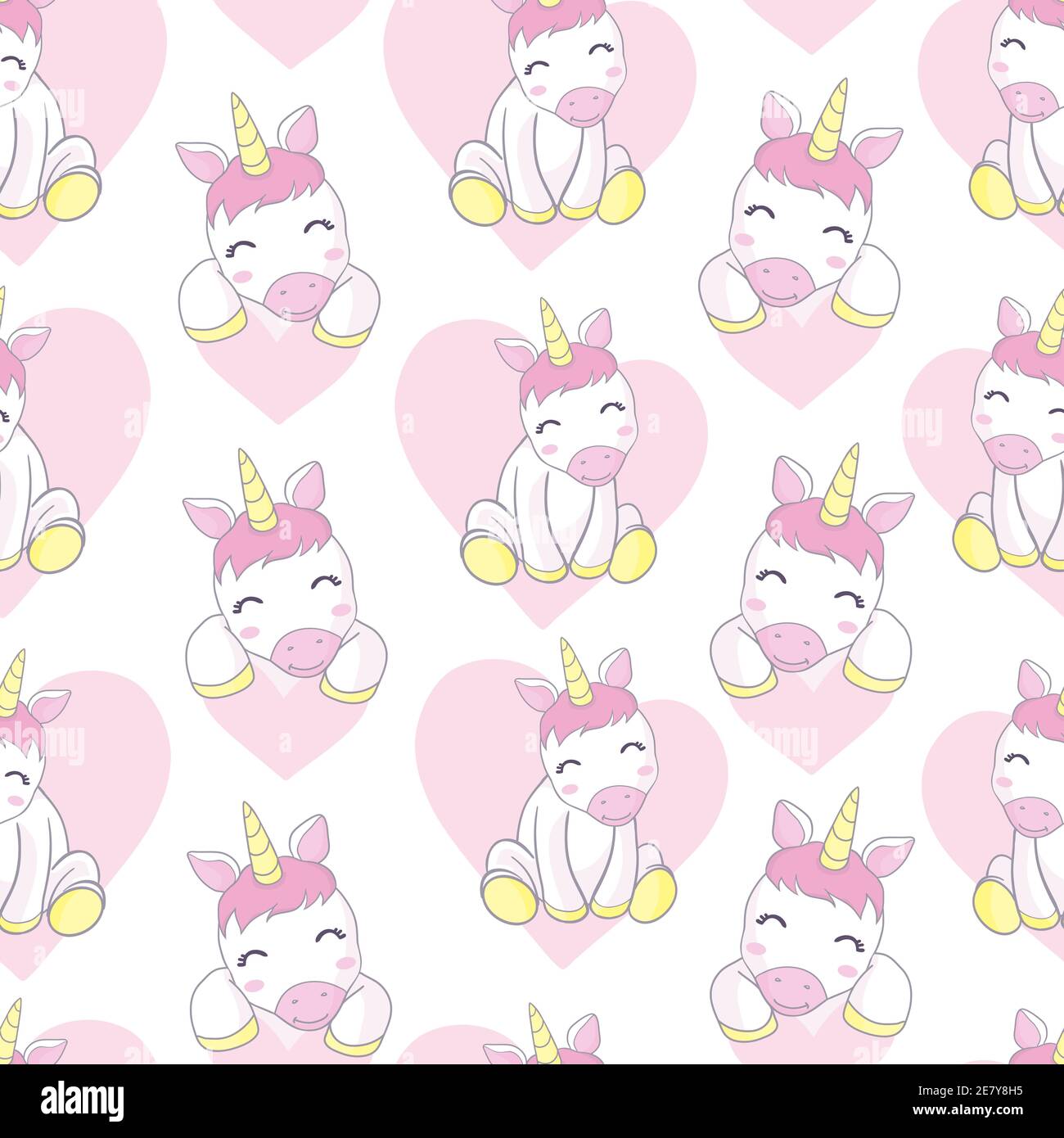 Vector pattern with cute unicorns, clouds and stars. Magic background with little unicorns. Stock Vector