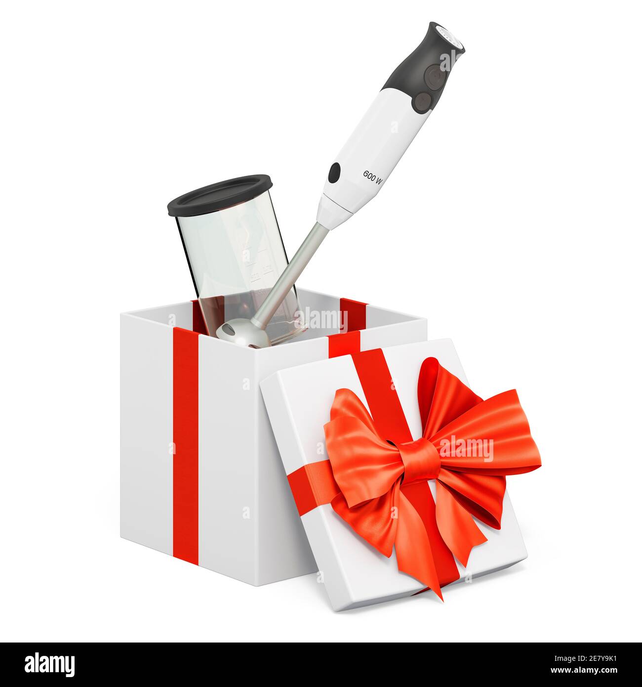 Immersion blender inside gift box, present concept. 3D rendering