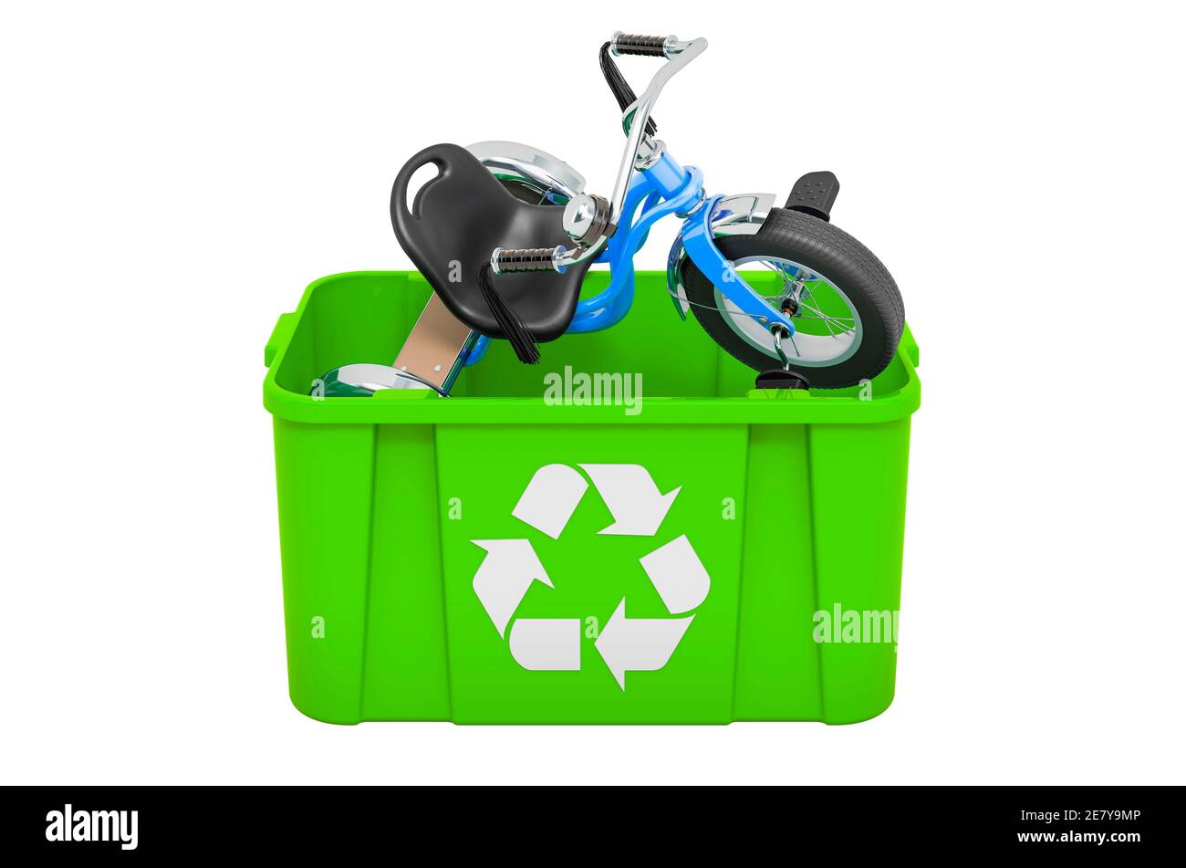 Recycling trashcan with children's tricycle, 3D rendering isolated on