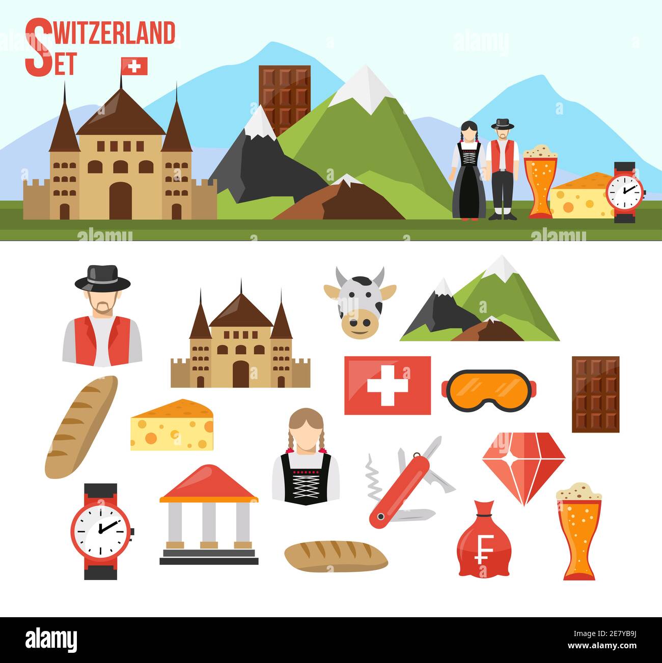 Switzerland symbols set with flat icons of food money and people isolated vector illustration Stock Vector