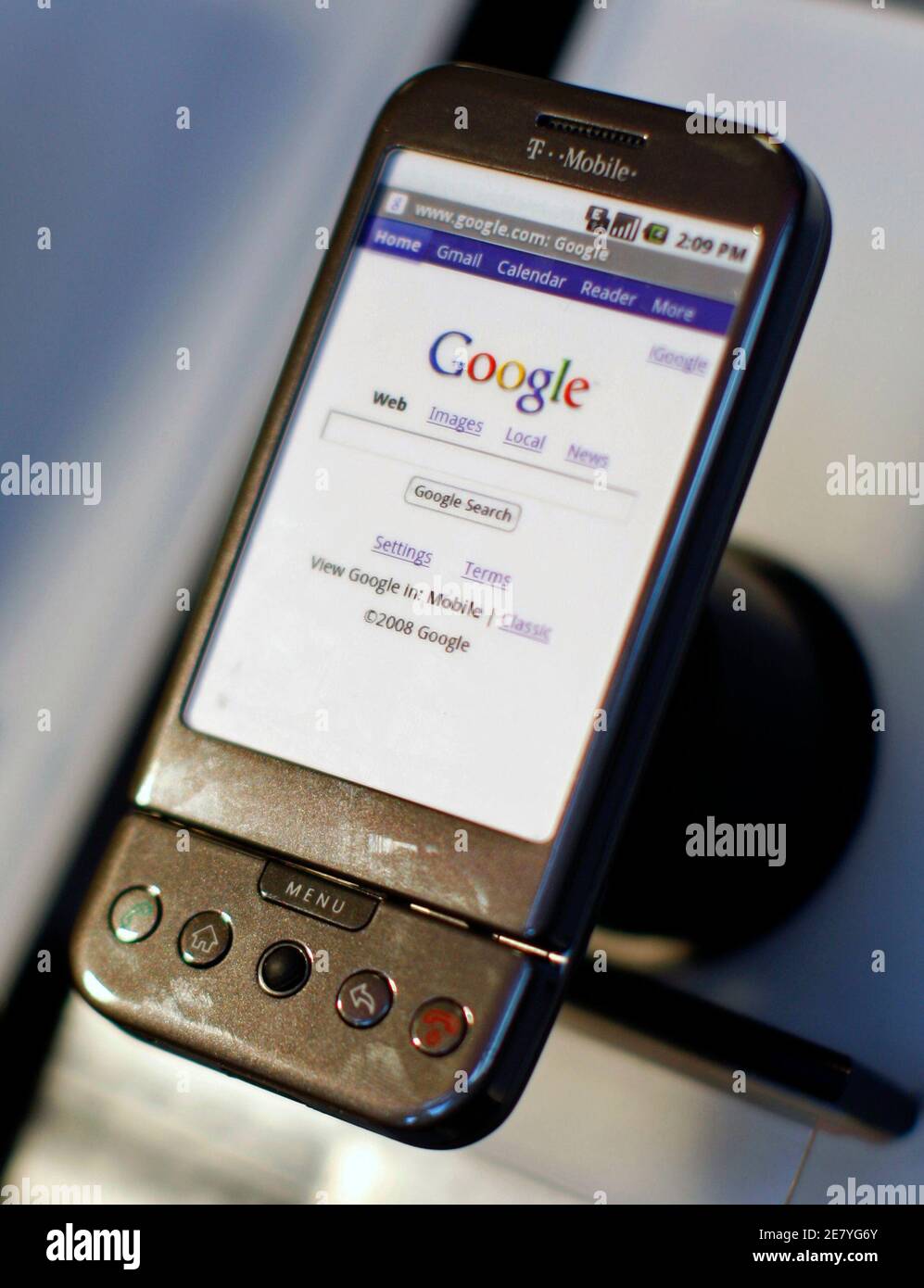A Google T-Mobile G1 mobile telephone is seen on display at a T-Mobile store in New York City, October 22, 2008. REUTERS/Mike Segar  (UNITED STATES) Stock Photo