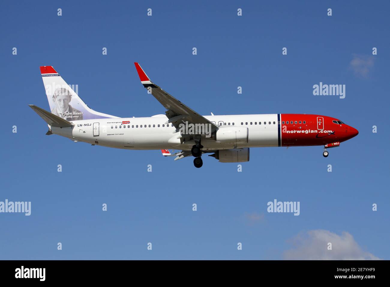 Norwegian Air Shuttle Boeing 737-800 with registration LN-NGJ on final for runway 05 of Hamburg Airport. Stock Photo