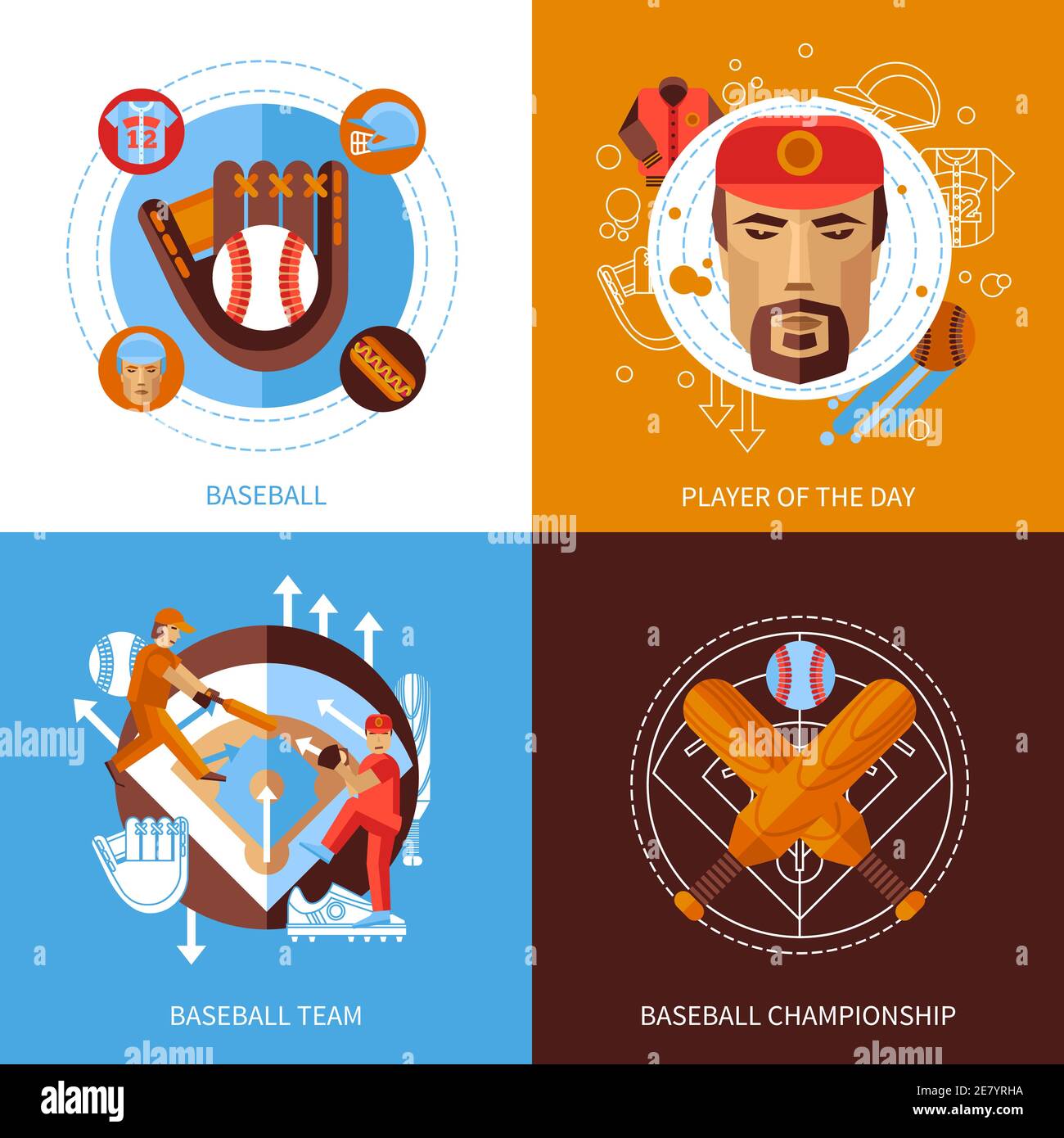 Baseball concept icons set with player of the day symbols flat isolated ...