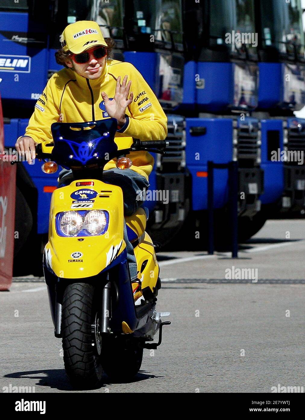 MotoGP rider Valentino Rossi of Italy rides a scooter before a training  session at the Jerez racetrack in southern Spain, March 10, 2006. The new  MotoGP season kicks off in Jerez on