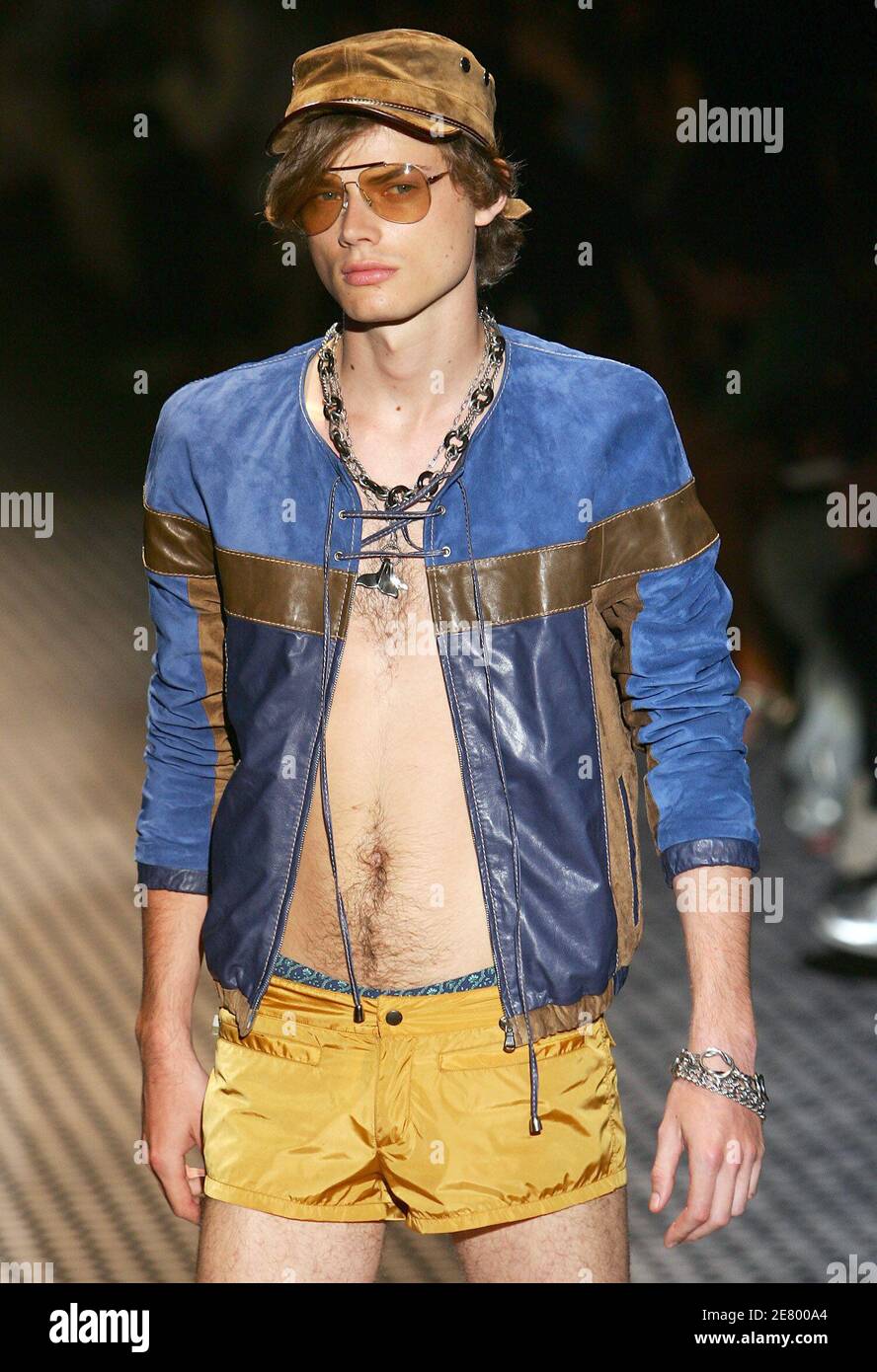 A model displays a creation as part of Gucci's Spring/Summer 2007 men's  collection during the Milan Fashion Week, June 27, 2006 Stock Photo - Alamy