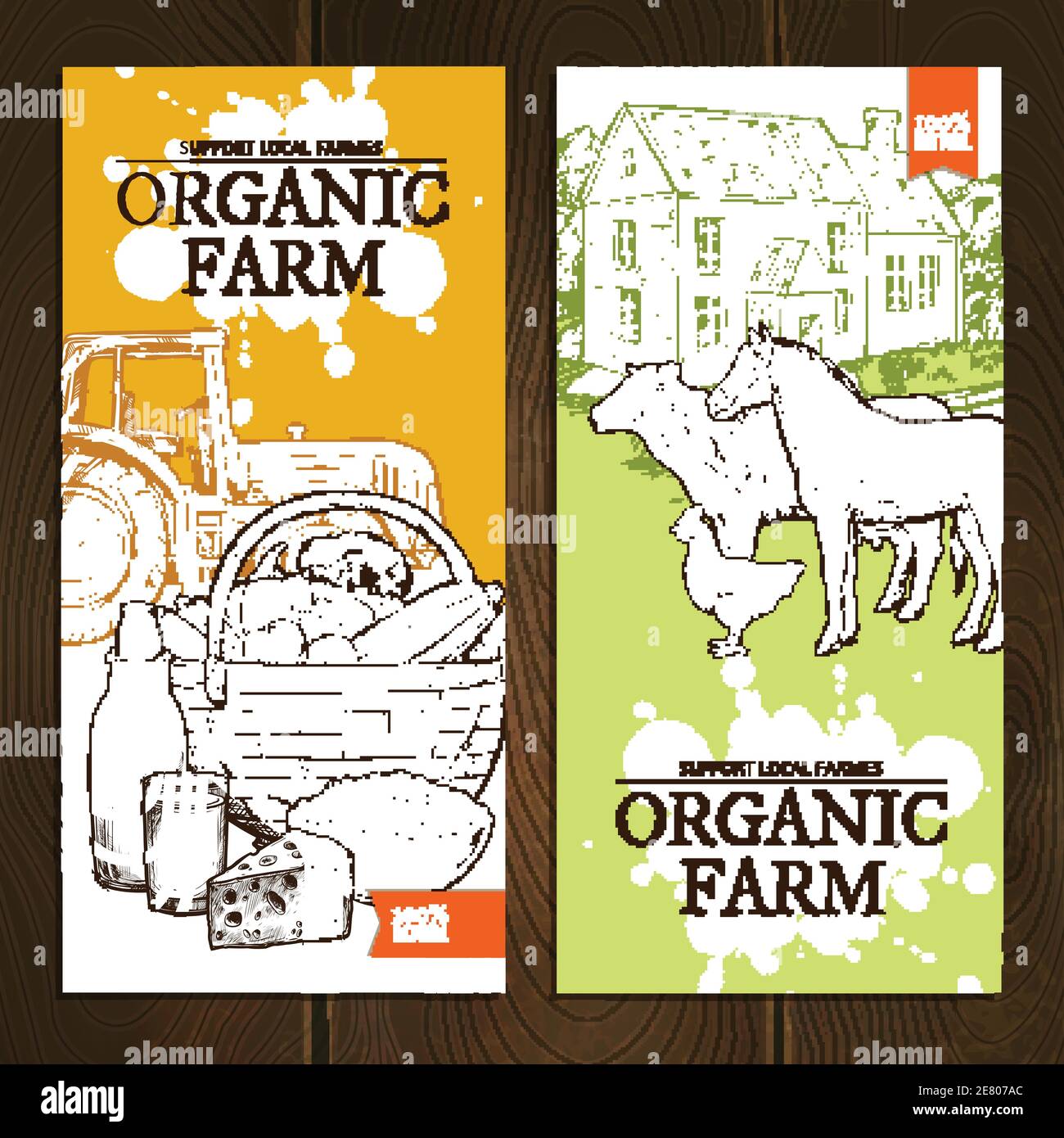 Support local farmers organic farm vertical banners with farm animals tractor dairy products and vegetables on wooden background sketch hand drawn iso Stock Vector