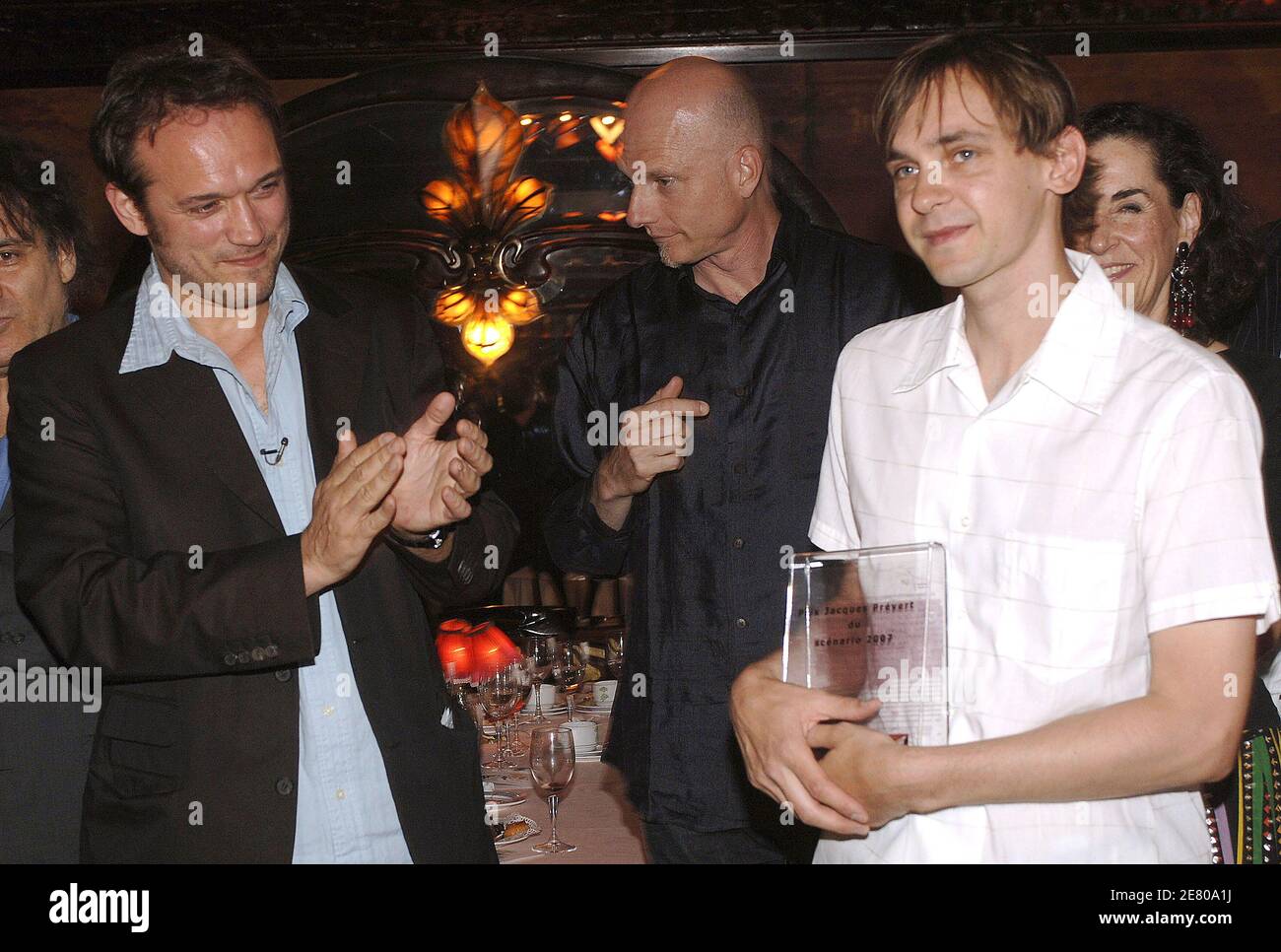 President of jury Vincent Perez awards Christophe Turpin scenarist of 'Jean-Philippe' during Jacques Prevert prize ceremony held at Maxim's restaurant in Paris, France on April 25, 2007. Photo by Giancarlo Gorassini/ABACAPRESS.COM Stock Photo