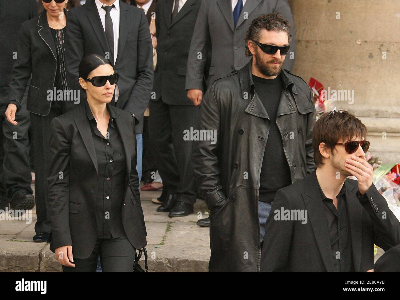 Monica Bellucci, Vincent Cassel and Gaspard Ulliel during the funeral  service of his father French actor Jean-Pierre Cassel at Saint-Eustache  church in Paris, France on April 26, 2007. Cassel died of cancer