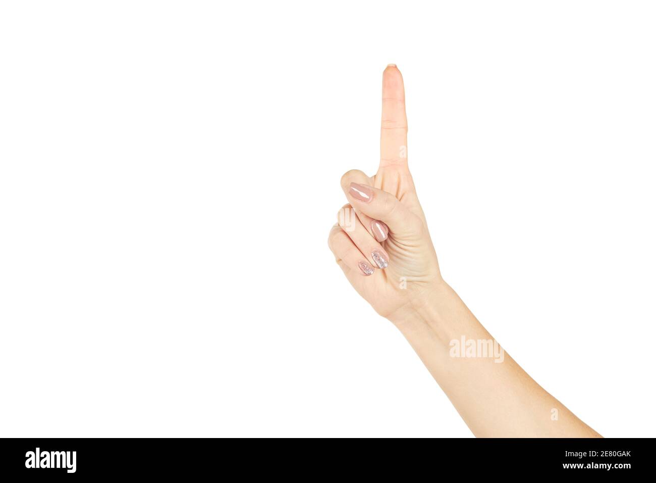 a female person show index finger isolated on a white background. number one or first symbol. idea concept Stock Photo