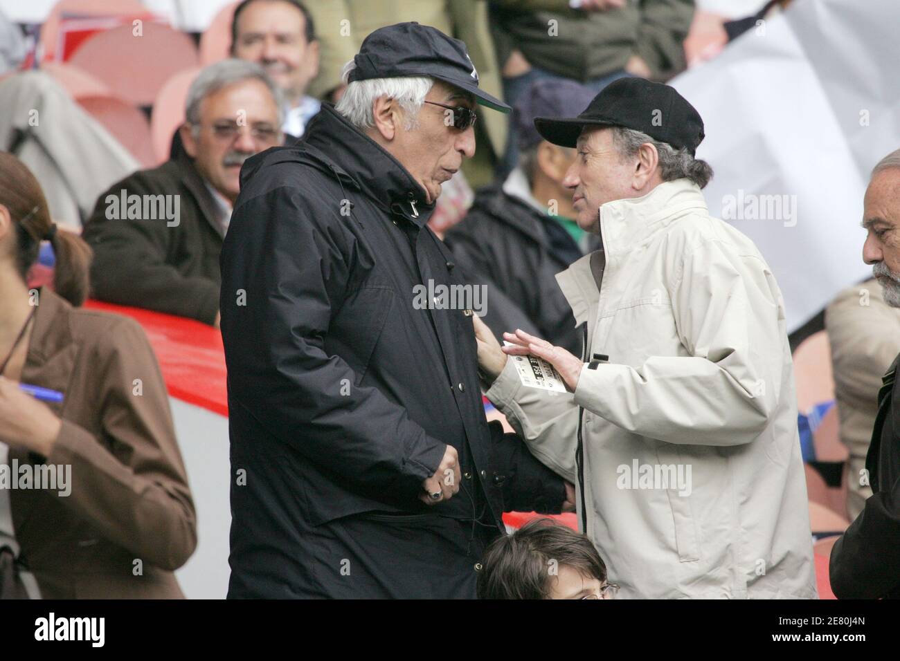 French actor Gerard Darmon and TV presenter Michel Drucker attend the French Championship , PSG vs Olympic Lyonnais at the Parc des Princes stadium in Paris, France, on May 5, 2007. The game ended in a draw 1-1. Photo by Gouhier-Taamallah/Cameleon/ABACAPRESS.COM Stock Photo
