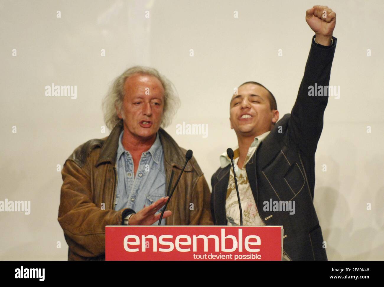 Musician Didier Barbelivien and singer Faudel address Nicolas Sarkozy's supporters at the Salle Gaveau in Paris, May 6, 2007. French voters elected reform-minded Nicolas Sarkozy as their new president on Sunday, giving him a comfortable winning margin, preliminary official results and projections from four polling agencies showed. With more than half of the vote counted, Sarkozy was scoring just over 53 percent to a little more than 46 percent for Socialist Segolene Royal. Polling agencies also had the conservative Sarkozy winning 53 percent of the vote compared to 47 for Royal amid massive tu Stock Photo