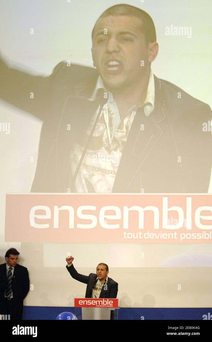 French singer Faudel addresses Nicolas Sarkozy's supporters at the Salle Gaveau in Paris, May 6, 2007. French voters elected reform-minded Nicolas Sarkozy as their new president on Sunday, giving him a comfortable winning margin, preliminary official results and projections from four polling agencies showed. With more than half of the vote counted, Sarkozy was scoring just over 53 percent to a little more than 46 percent for Socialist Segolene Royal. Polling agencies also had the conservative Sarkozy winning 53 percent of the vote compared to 47 for Royal amid massive turnout of 85 percent. Ph Stock Photo